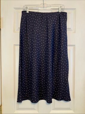 GAP 100% silk pink polka dot navy blue long mid calf length skirt elastic waist